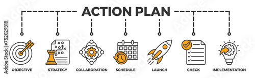 Action plan banner web icon vector illustration concept with icon of objective, strategy, collaboration, schedule, act, launch, check, and implementation