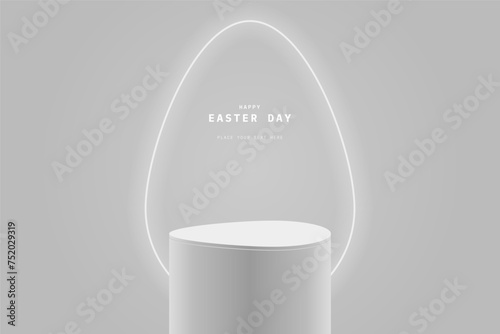 Gray 3D egg cylinder podium pedestal realistic or stage for showcase with glowing neon egg shape. Minimal wall scene for mockup product. 3D vector geometric platform. Happy easter's day.