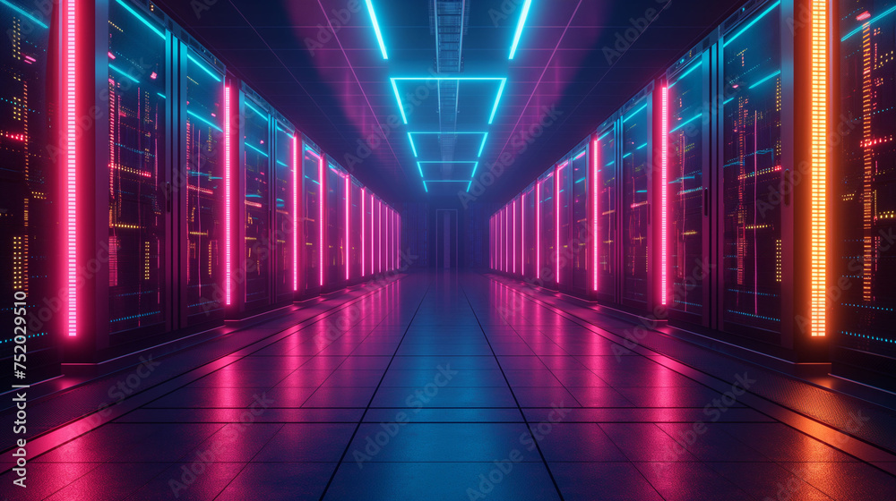 Neon-Lit Data Center Server Hallway in Pink and Blue