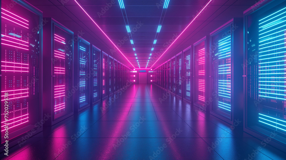 Data Center with Vibrant Pink and Blue Neon Lights