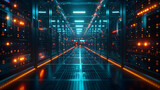 Modern Data Center Corridor with Orange and Blue Lights