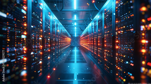 Data Center Server Aisle with Red and Blue Lights
