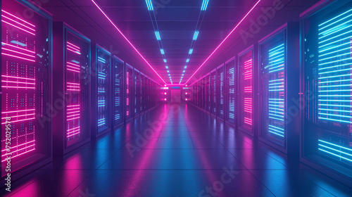 Data Center with Vibrant Pink and Blue Neon Lights