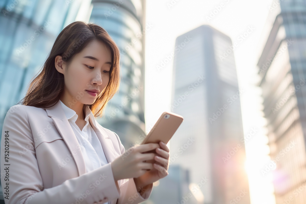 Asian young businesswoman using her smartphone while walking in the city street. Pretty working woman walks down the street looking at her mobile phone Asian young businesswoman using her smartphone while walking in the city street. Pretty working woman walks down the street looking at her mobile phone