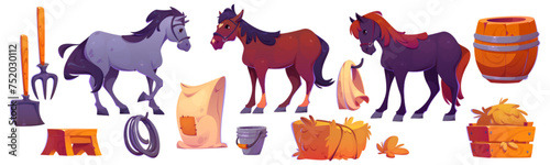 Horse stable design set isolated on white background. Vector cartoon illustration of farm animals, hay stacks, wooden barrel, pitchfork and shovel, metal bucket, fabric sack, barn interior elements