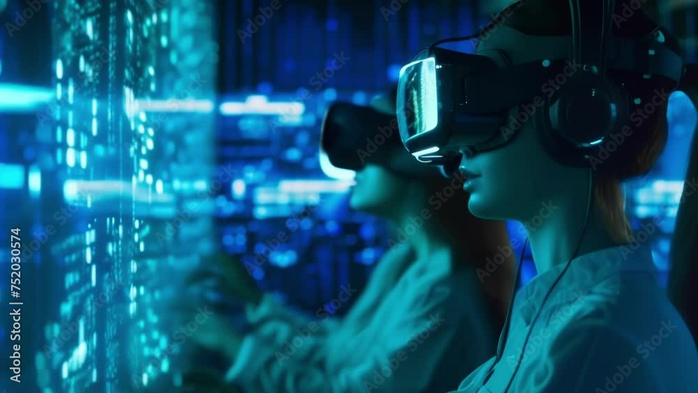 A group of cybersecurity trainees each wearing a headset connected to a virtual reality simulation practicing their responses to a mock cyber breach scenario.