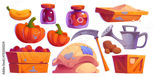 Farm barn inside elements and tools. Cartoon vector illustration set of ranch agriculture farming and gardening equipment - watering can and grass scythe, ripe vegetables and preservation in glass jar