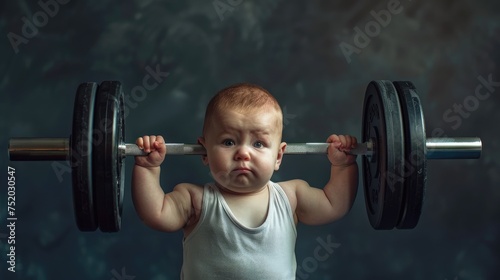 Funny strong baby lifting a heavy barbell over dark background. Generative Ai