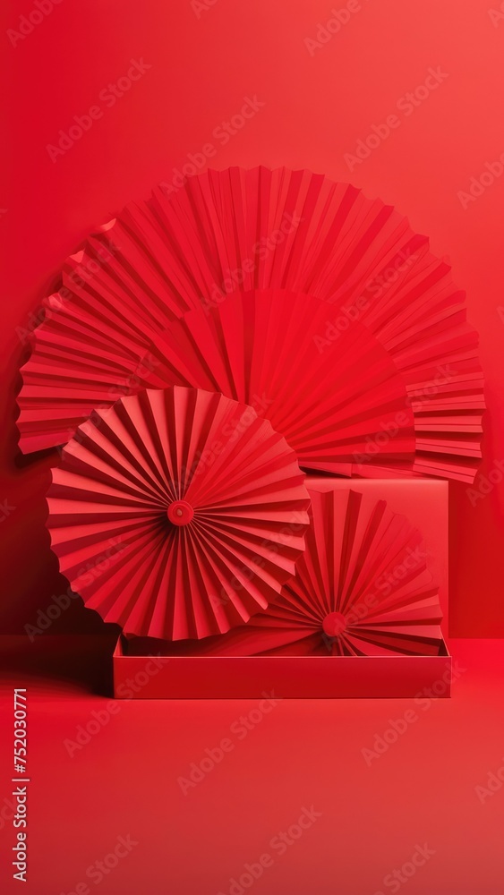A minimal beauty layout for product presentation. A red empty open paper box on the background of a red paper fan medallion.