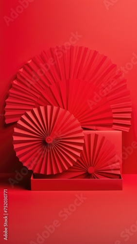 A minimal beauty layout for product presentation. A red empty open paper box on the background of a red paper fan medallion.