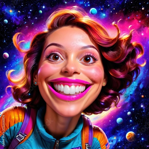 Airhead space cadet woman with big stupid grin, floating in space