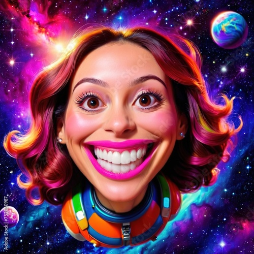 Airhead space cadet woman with big stupid grin, floating in space