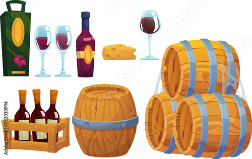 Wine storage and drinking. Cartoon vector illustration set of grape alcohol drink elements - aged wooden oak barrels and box, bottles and glasses with red wine, cheese
