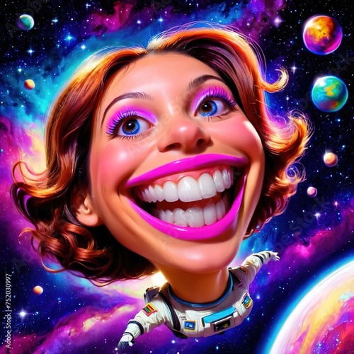Airhead space cadet woman with big stupid grin, floating in space