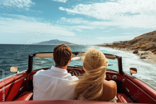 Cute couple in love on holiday vacation, View from the back of the cabriolet car that is driving along the beach. Ai generated © Tanu