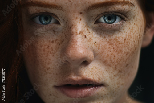 Close up of woman's face with many freckles in front of dark background