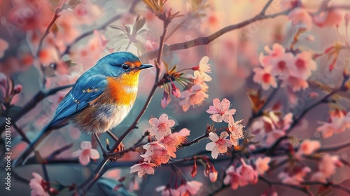 Exquisite Songbird Perched Amidst Vibrant Cherry Blossoms