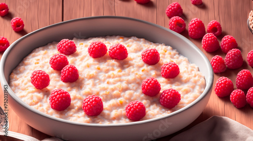 Healthy breakfast porridge with raspberries