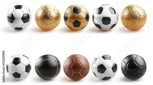 Realistic 3D Design of Soccer Ball Set in Golden  White  and Black Colors  A Fusion of Sports and Artistry