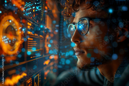 A software engineer working on an innovative e-commerce application, with machine learning and AI algorithms visible on the computer screen, evoking a sense of technology and innovation...