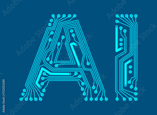AI alphabet in printed circuit style. Artificial intelligence concept.