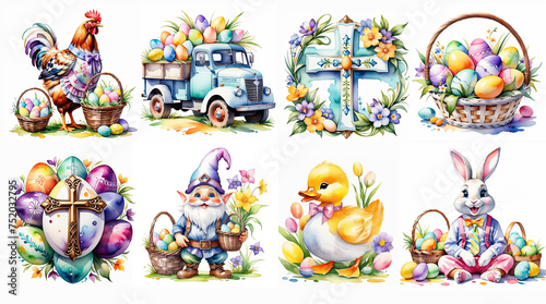 Set of Easter elements. Easter basket,eggs,bunny, sheep,flowers,chicken,gnome,car.Generative AI