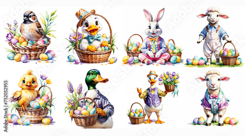 Set of Easter elements. Easter basket,eggs,bunny, sheep,flowers,chicken,gnome,car.Generative AI