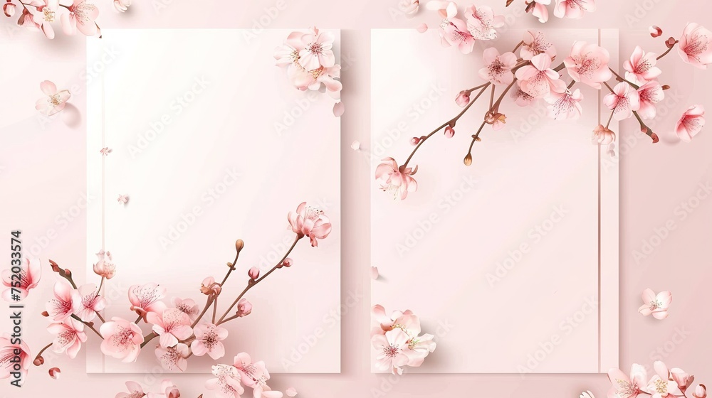 Floral wedding invitation card template with realistic sakura flowers in templates for wedding invitations, greeting cards, posters, flyers, social media advertising banners for blog posts  - obrazy, fototapety, plakaty 