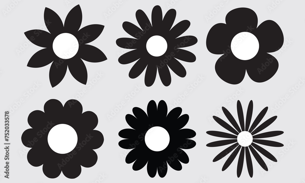 set of black daisies from geometric figures, collection of abstract silhouettes of flowers flowers icons isolated on white