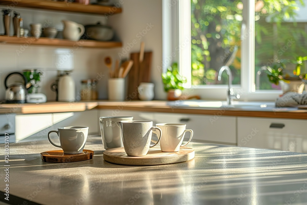 modern kitchen background. Kitchen island countertop with coffee set, kitchen interior. modern kitchen background. Kitchen island countertop with coffee set, kitchen interior.