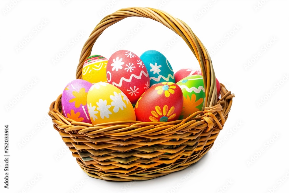 a wicker basket with colorful Easter eggs, decorative Easter motif, white background