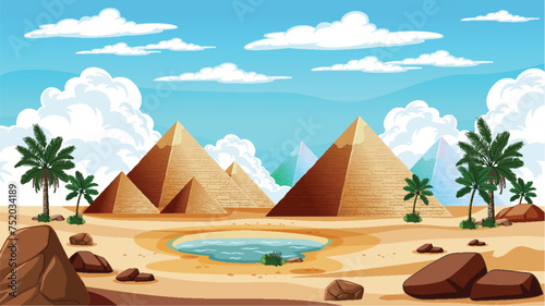 Cartoon illustration of pyramids beside a desert oasis. photo