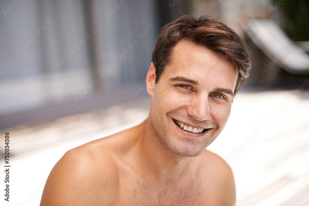 Happy, body and portrait of man in a backyard for sunbathing, relax or fresh air on summer vacation. Travel, face and male person at a resort for wellness, holiday or outdoor for tanning and chilling