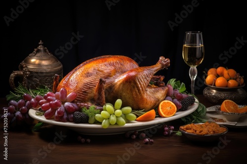 Traditional dinner with roasted turkey , Baked turkey with lemon and vegetables, Ai generated