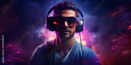 Player immersed in virtual world glasses and headphones on gaming intensely. Concept Virtual Reality Gaming, Immersive Experience, Gaming Headset, Virtual Reality Glasses, Intense Gameplay