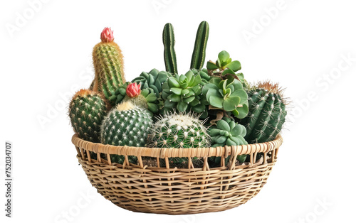 Creative Display: Wooden Basket Housing Arranged Cactus Plants isolated on transparent Background