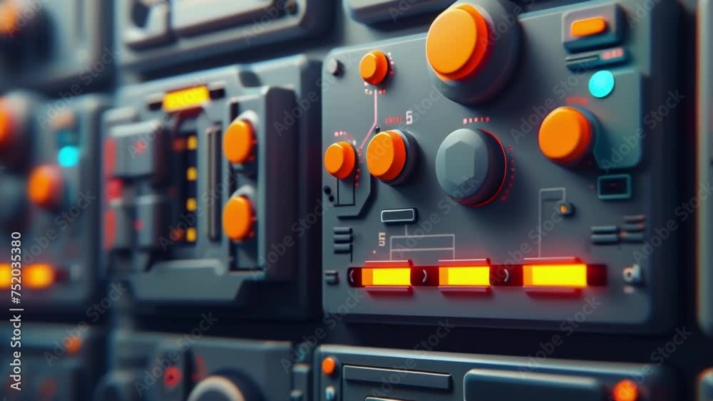 A closeup of a control panel with various ons s and switches allowing workers to customize settings and parameters for each specific job. A closeup of a control panel with various ons s and switches allowing workers to customize settings and parameters for each specific job.