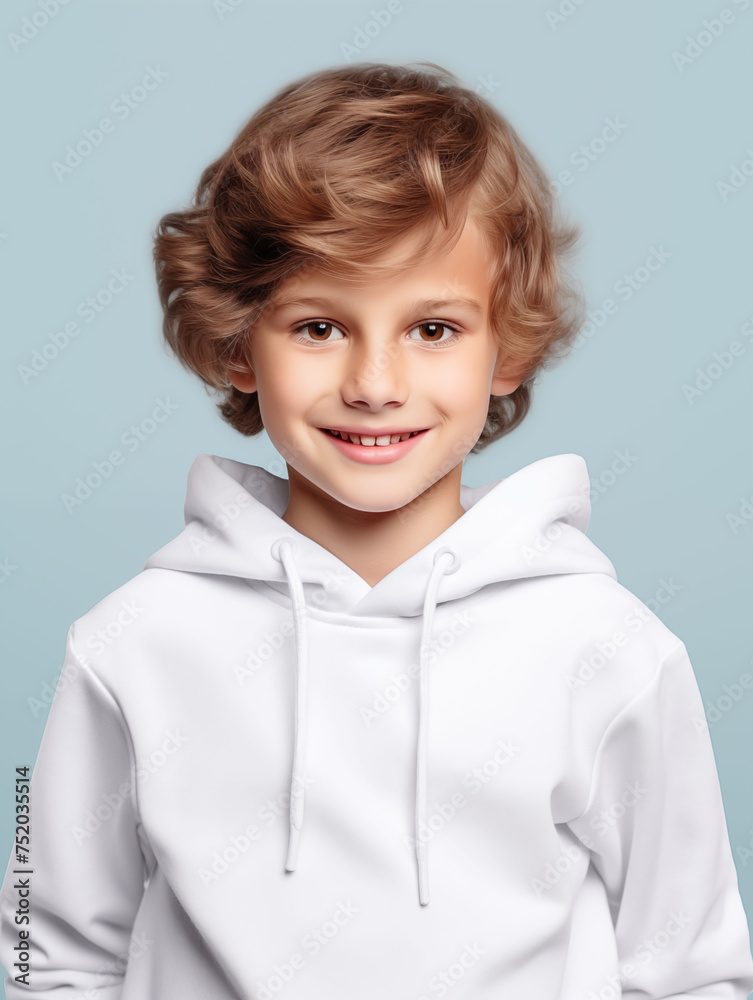 Cute little boy wearing a white long sleeve hoodie sweatshirt mockup with a blank canvas Cute little boy wearing a white long sleeve hoodie sweatshirt mockup with a blank canvas