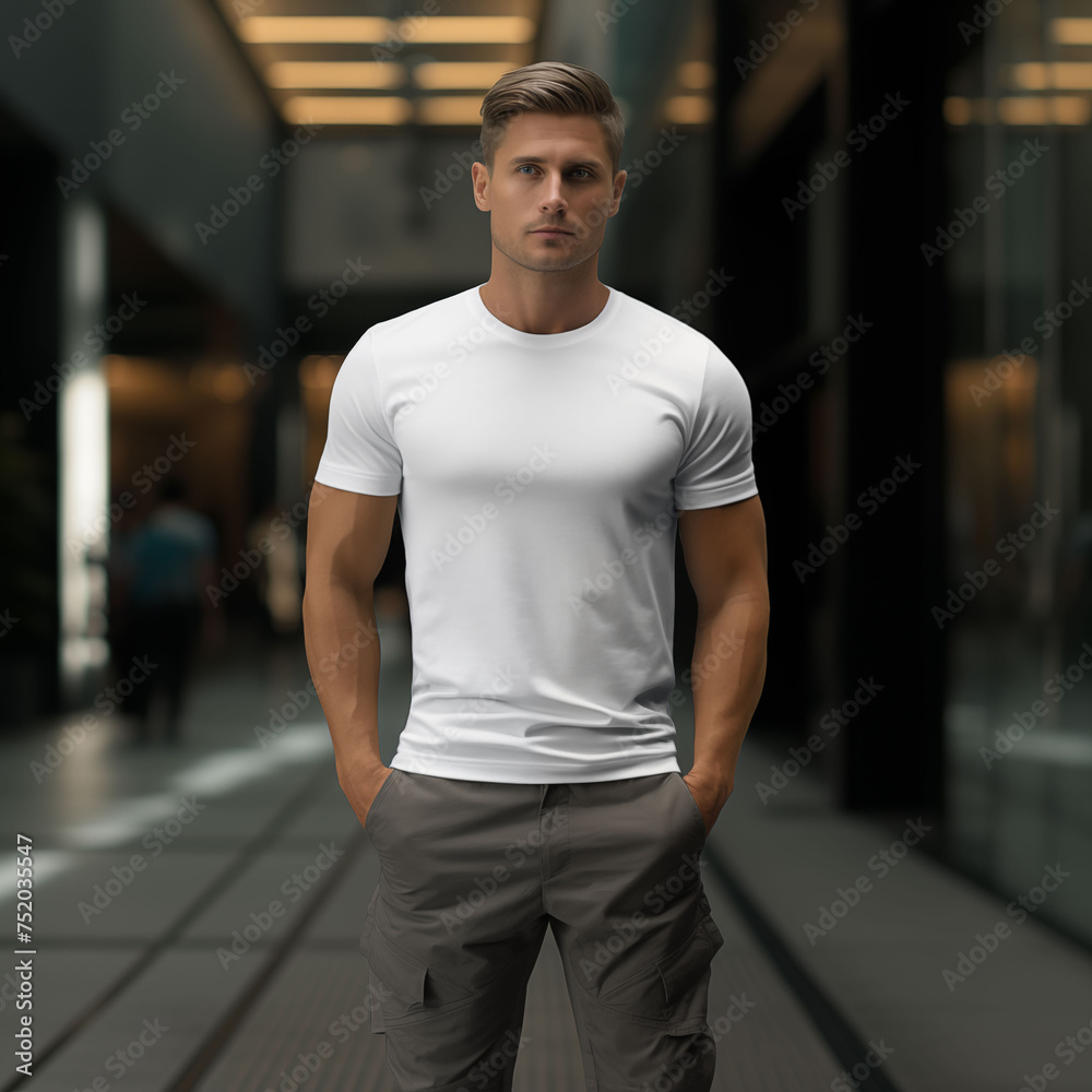 standing man in a white tshirt, blank canvas T-shirt mockup