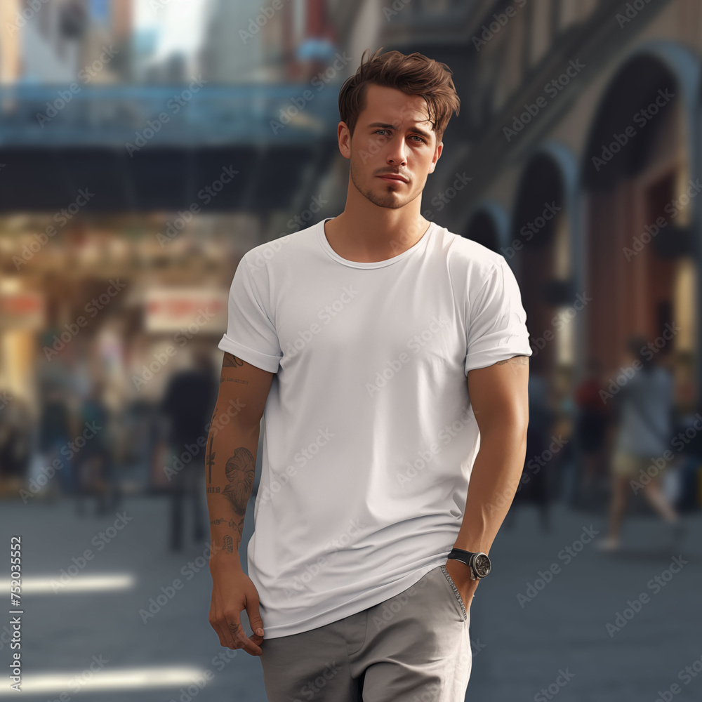 standing man in a white tshirt, blank canvas T-shirt mockup