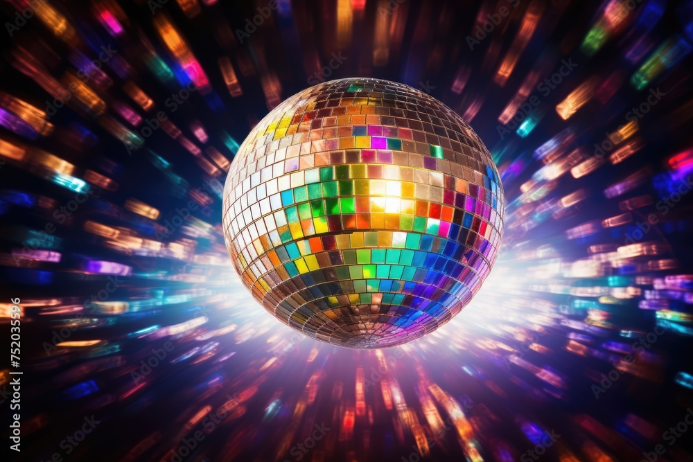 Disco ball with colored lights. club party, disco ball shines and glows. party and celebration in the club, Ai generated Disco ball with colored lights. club party, disco ball shines and glows. party and celebration in the club, Ai generated