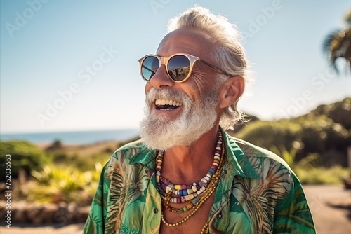 Portrait of happy senior man with sunglasses looking at camera on the beach
