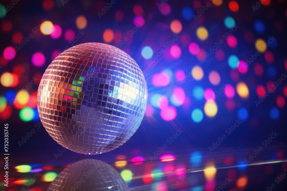 Fototapeta premium Disco ball with colored lights. club party, party lights disco ball, Ai generated