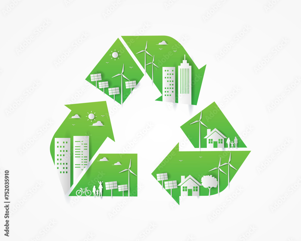 recycle symbol shape and ecology environment building on white background. save world and nature. home with wind turbine, solar panel. vector illustration paper cut style design. recycle symbol shape and ecology environment building on white background. save world and nature. home with wind turbine, solar panel. vector illustration paper cut style design.