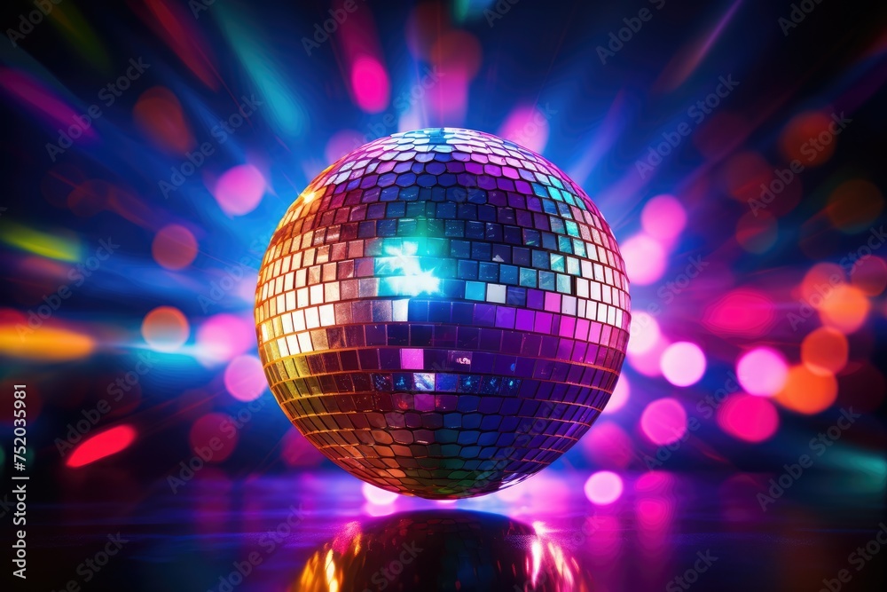 Obraz premium Disco ball with colored lights. club party, disco ball with lights, disco ball and lights, disco ball on abstract colored background, Ai generated
