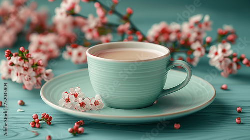 Teacup with Blossoms on Turquoise Background