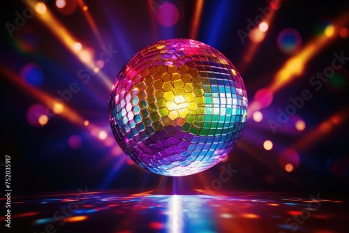 Disco ball with colored lights. club party, disco ball with lights, disco ball and lights, disco ball on abstract colored background, Ai generated