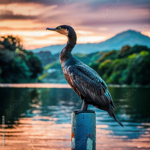 Great cormorant, Phalacrocorax carbo, standing peacefully on a pylon upon the lake