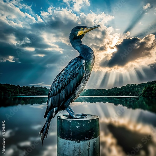 Great cormorant, Phalacrocorax carbo, standing peacefully on a pylon upon the lake photo
