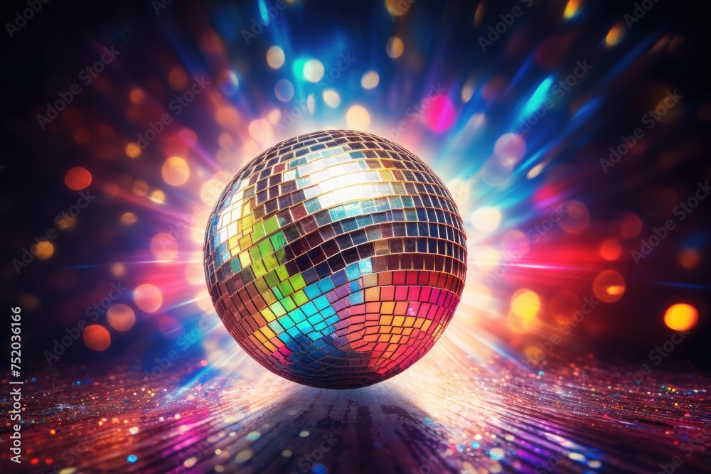 Obraz premium Disco ball with colored lights. club party, disco ball with lights, disco ball and lights, disco ball on abstract colored background, Ai generated